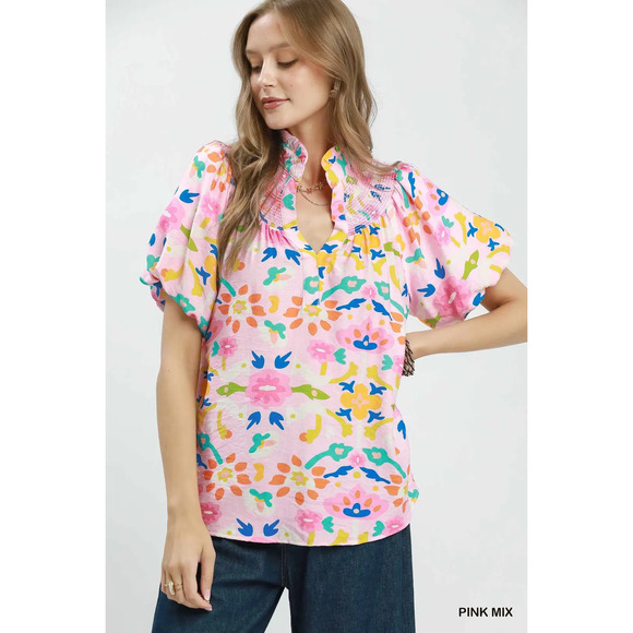 Umgee Tops - Umgee Folk Art Print Top with Smocked Detail